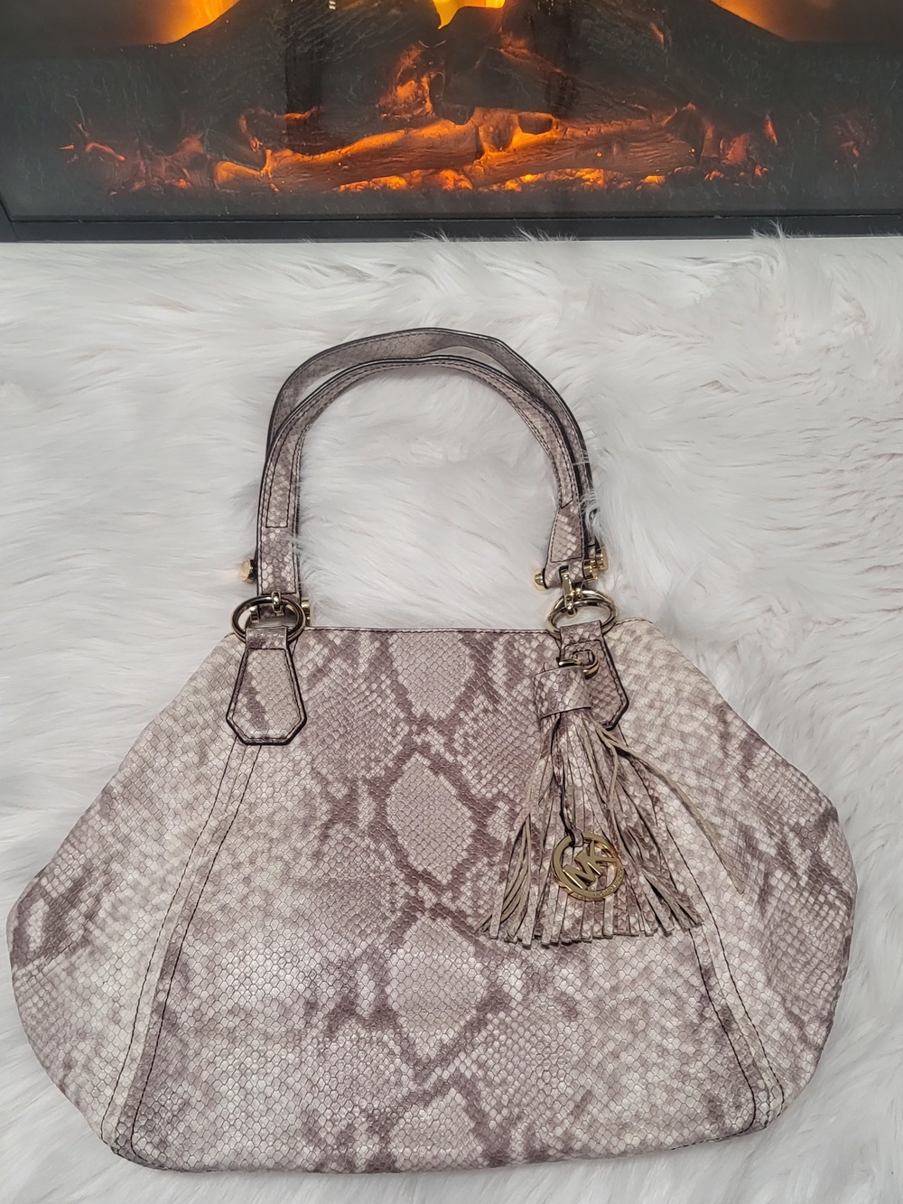 Michael Kors Taupe Snake-Embossed Tote with Tassel - Picture 4 of 8